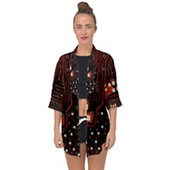 Red Computer Circuit Board Open Front Chiffon Kimono by Bakwanart