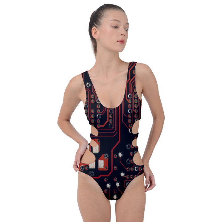 Red Computer Circuit Board Side Cut Out Swimsuit