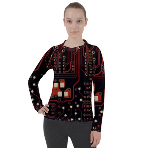 Red Computer Circuit Board Women s Pique Long Sleeve Tee by Bakwanart