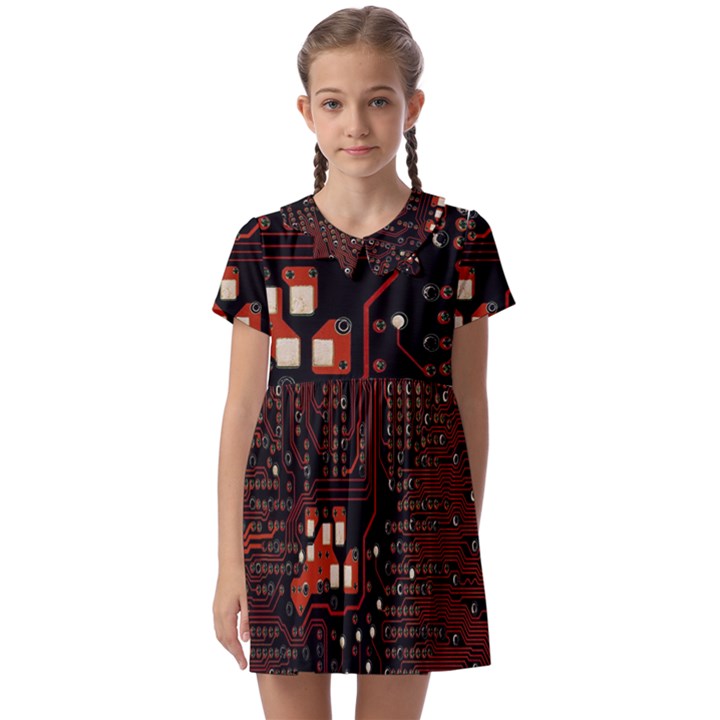 Red Computer Circuit Board Kids  Asymmetric Collar Dress