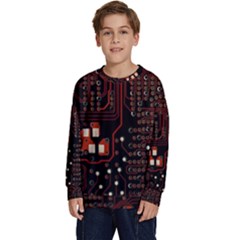 Red Computer Circuit Board Kids  Long Sleeve Jersey