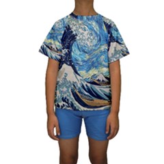 The Great Wave Of Kanagawa Painting Hokusai, Starry Night Vincent Van Gogh Kids  Short Sleeve Swimwear by Bakwanart