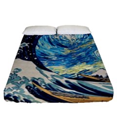 The Great Wave Of Kanagawa Painting Hokusai, Starry Night Vincent Van Gogh Fitted Sheet (queen Size) by Bakwanart