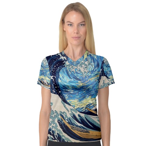 The Great Wave Of Kanagawa Painting Hokusai, Starry Night Vincent Van Gogh V-neck Sport Mesh Tee by Bakwanart