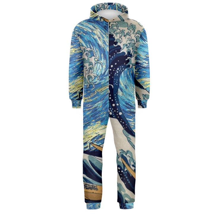 The Great Wave Of Kanagawa Painting Hokusai, Starry Night Vincent Van Gogh Hooded Jumpsuit (Men)