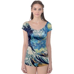 The Great Wave Of Kanagawa Painting Hokusai, Starry Night Vincent Van Gogh Boyleg Leotard  by Bakwanart