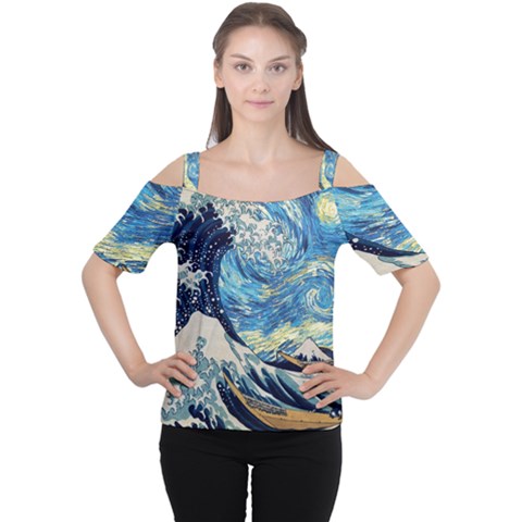 The Great Wave Of Kanagawa Painting Hokusai, Starry Night Vincent Van Gogh Cutout Shoulder Tee by Bakwanart