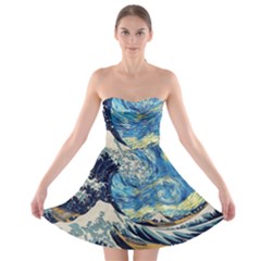 The Great Wave Of Kanagawa Painting Hokusai, Starry Night Vincent Van Gogh Strapless Bra Top Dress by Bakwanart