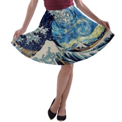 The Great Wave Of Kanagawa Painting Hokusai, Starry Night Vincent Van Gogh A-line Skater Skirt by Bakwanart