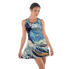 The Great Wave Of Kanagawa Painting Hokusai, Starry Night Vincent Van Gogh Cotton Racerback Dress by Bakwanart