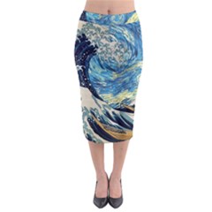 The Great Wave Of Kanagawa Painting Hokusai, Starry Night Vincent Van Gogh Midi Pencil Skirt by Bakwanart