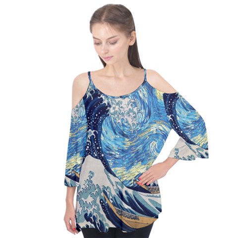 The Great Wave Of Kanagawa Painting Hokusai, Starry Night Vincent Van Gogh Flutter Sleeve Tee  by Bakwanart