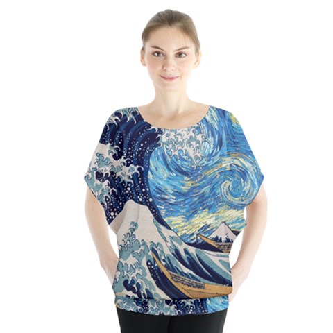 The Great Wave Of Kanagawa Painting Hokusai, Starry Night Vincent Van Gogh Batwing Chiffon Blouse by Bakwanart