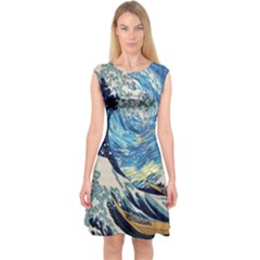 The Great Wave Of Kanagawa Painting Hokusai, Starry Night Vincent Van Gogh Capsleeve Midi Dress by Bakwanart