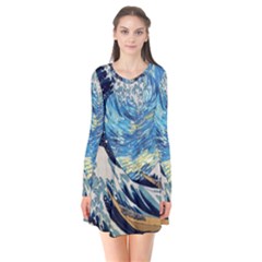 The Great Wave Of Kanagawa Painting Hokusai, Starry Night Vincent Van Gogh Long Sleeve V-neck Flare Dress by Bakwanart