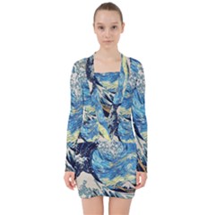 The Great Wave Of Kanagawa Painting Hokusai, Starry Night Vincent Van Gogh V-neck Bodycon Long Sleeve Dress