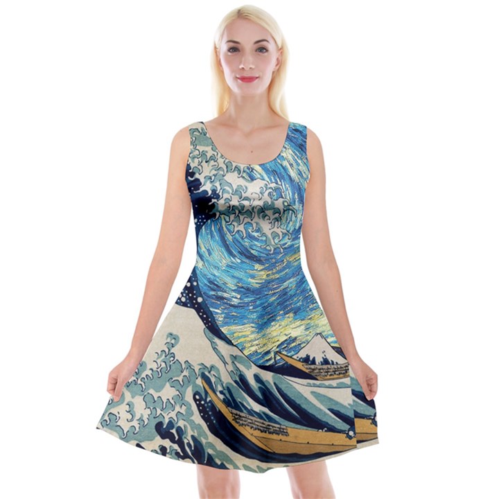 The Great Wave Of Kanagawa Painting Hokusai, Starry Night Vincent Van Gogh Reversible Velvet Sleeveless Dress