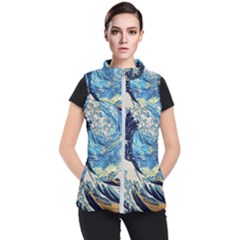 The Great Wave Of Kanagawa Painting Hokusai, Starry Night Vincent Van Gogh Women s Puffer Vest