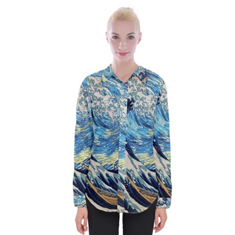 The Great Wave Of Kanagawa Painting Hokusai, Starry Night Vincent Van Gogh Womens Long Sleeve Shirt by Bakwanart