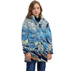 The Great Wave Of Kanagawa Painting Hokusai, Starry Night Vincent Van Gogh Kids  Hooded Longline Puffer Jacket by Bakwanart