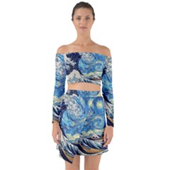 The Great Wave Of Kanagawa Painting Hokusai, Starry Night Vincent Van Gogh Off Shoulder Top With Skirt Set by Bakwanart