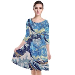 The Great Wave Of Kanagawa Painting Hokusai, Starry Night Vincent Van Gogh Quarter Sleeve Waist Band Dress by Bakwanart