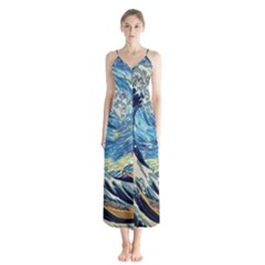 The Great Wave Of Kanagawa Painting Hokusai, Starry Night Vincent Van Gogh Button Up Chiffon Maxi Dress by Bakwanart