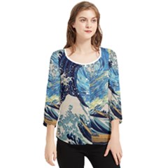 The Great Wave Of Kanagawa Painting Hokusai, Starry Night Vincent Van Gogh Chiffon Quarter Sleeve Blouse