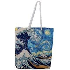 The Great Wave Of Kanagawa Painting Hokusai, Starry Night Vincent Van Gogh Full Print Rope Handle Tote (large) by Bakwanart