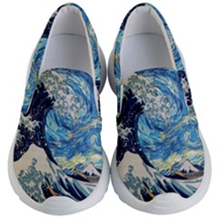 The Great Wave Of Kanagawa Painting Hokusai, Starry Night Vincent Van Gogh Kids Lightweight Slip Ons by Bakwanart