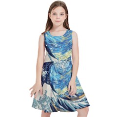 The Great Wave Of Kanagawa Painting Hokusai, Starry Night Vincent Van Gogh Kids  Skater Dress by Bakwanart