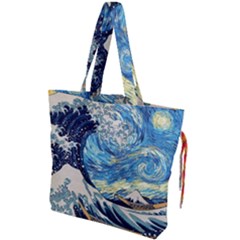 The Great Wave Of Kanagawa Painting Hokusai, Starry Night Vincent Van Gogh Drawstring Tote Bag by Bakwanart