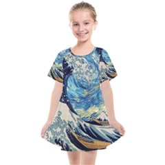 The Great Wave Of Kanagawa Painting Hokusai, Starry Night Vincent Van Gogh Kids  Smock Dress by Bakwanart