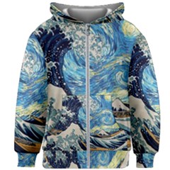 The Great Wave Of Kanagawa Painting Hokusai, Starry Night Vincent Van Gogh Kids  Zipper Hoodie Without Drawstring by Bakwanart