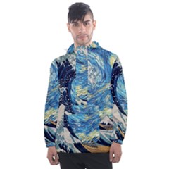 The Great Wave Of Kanagawa Painting Hokusai, Starry Night Vincent Van Gogh Men s Front Pocket Pullover Windbreaker