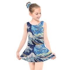 The Great Wave Of Kanagawa Painting Hokusai, Starry Night Vincent Van Gogh Kids  Skater Dress Swimsuit by Bakwanart