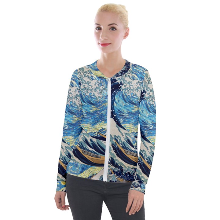 The Great Wave Of Kanagawa Painting Hokusai, Starry Night Vincent Van Gogh Velvet Zip Up Jacket