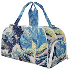 The Great Wave Of Kanagawa Painting Hokusai, Starry Night Vincent Van Gogh Burner Gym Duffel Bag by Bakwanart