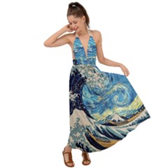 The Great Wave Of Kanagawa Painting Hokusai, Starry Night Vincent Van Gogh Backless Maxi Beach Dress by Bakwanart