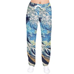 The Great Wave Of Kanagawa Painting Hokusai, Starry Night Vincent Van Gogh Women Velvet Drawstring Pants