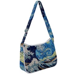 The Great Wave Of Kanagawa Painting Hokusai, Starry Night Vincent Van Gogh Zip Up Shoulder Bag by Bakwanart