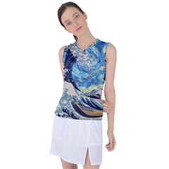 The Great Wave Of Kanagawa Painting Hokusai, Starry Night Vincent Van Gogh Women s Sleeveless Sports Top by Bakwanart