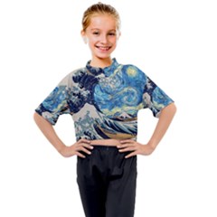 The Great Wave Of Kanagawa Painting Hokusai, Starry Night Vincent Van Gogh Kids Mock Neck Tee