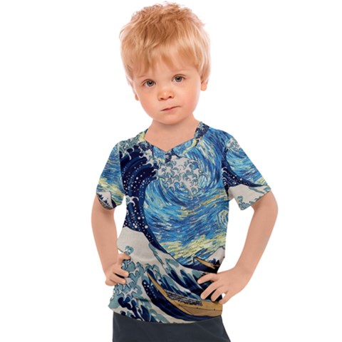 The Great Wave Of Kanagawa Painting Hokusai, Starry Night Vincent Van Gogh Kids  Sports Tee by Bakwanart