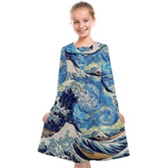 The Great Wave Of Kanagawa Painting Hokusai, Starry Night Vincent Van Gogh Kids  Midi Sailor Dress by Bakwanart