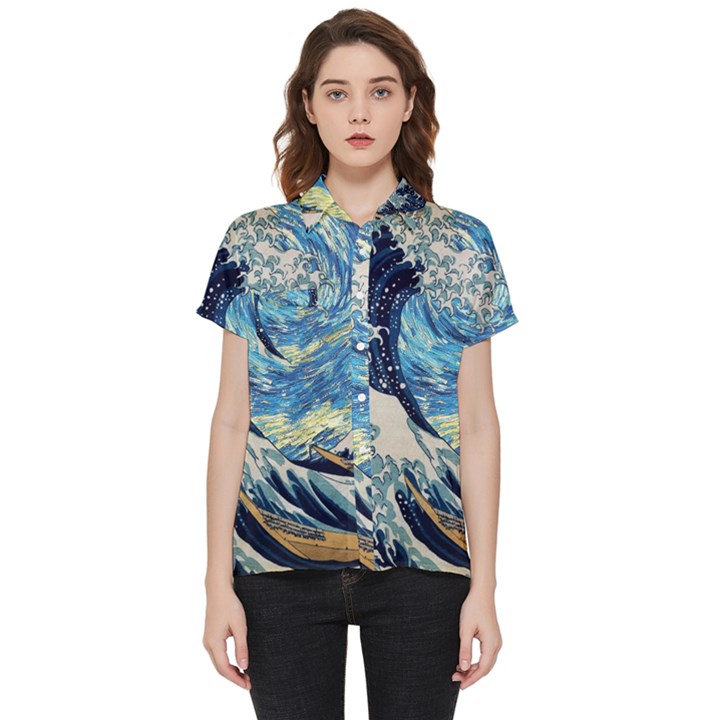 The Great Wave Of Kanagawa Painting Hokusai, Starry Night Vincent Van Gogh Short Sleeve Pocket Shirt