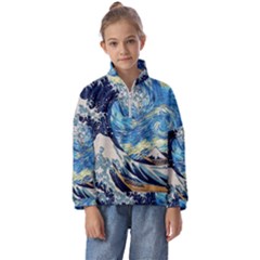 The Great Wave Of Kanagawa Painting Hokusai, Starry Night Vincent Van Gogh Kids  Half Zip Hoodie by Bakwanart