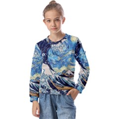 The Great Wave Of Kanagawa Painting Hokusai, Starry Night Vincent Van Gogh Kids  Long Sleeve Tee With Frill 