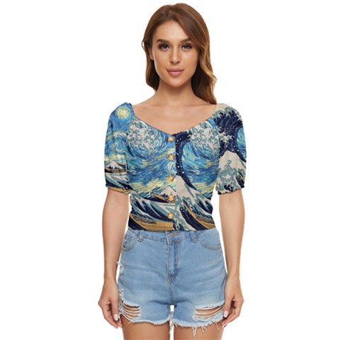 The Great Wave Of Kanagawa Painting Hokusai, Starry Night Vincent Van Gogh Button Up Blouse by Bakwanart