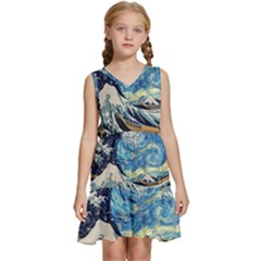 The Great Wave Of Kanagawa Painting Hokusai, Starry Night Vincent Van Gogh Kids  Sleeveless Tiered Mini Dress by Bakwanart